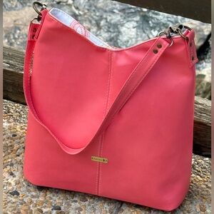 Stylish Pink Faux Leather Shoulder Bag w/ rainbow print cotton interior